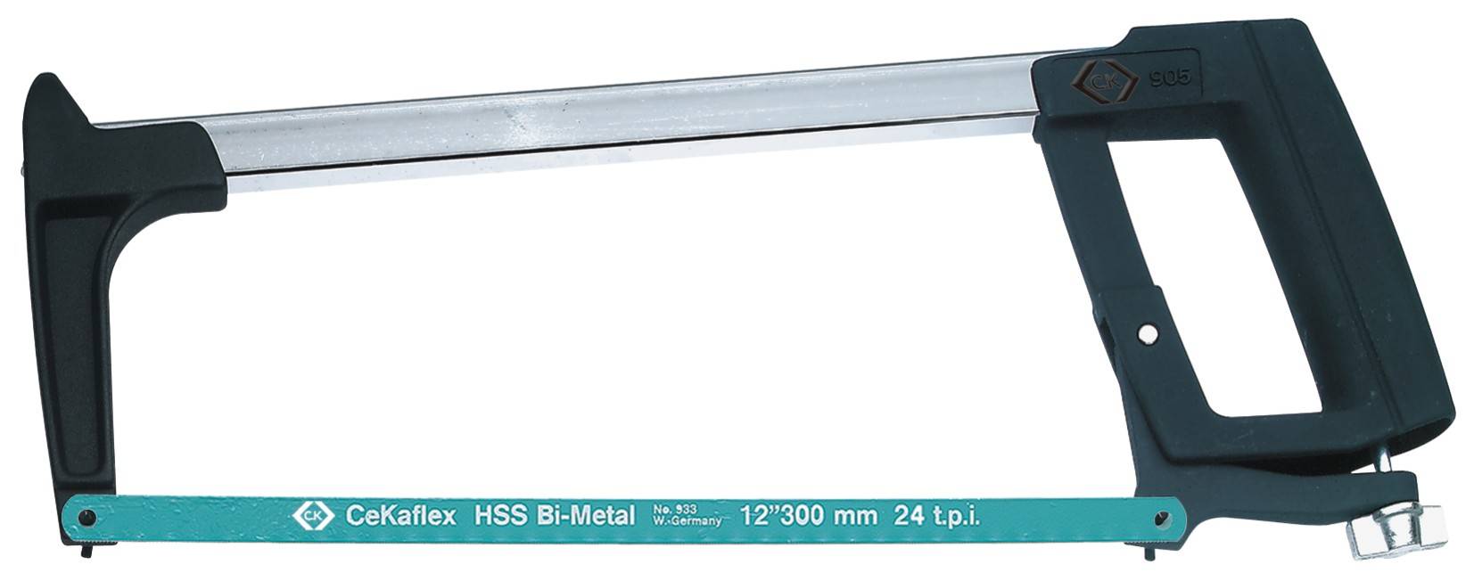 Metal hacksaw with a black handle and a blue blade. On the blade it reads 'CekaFlex HSS Bi-Metal 12
