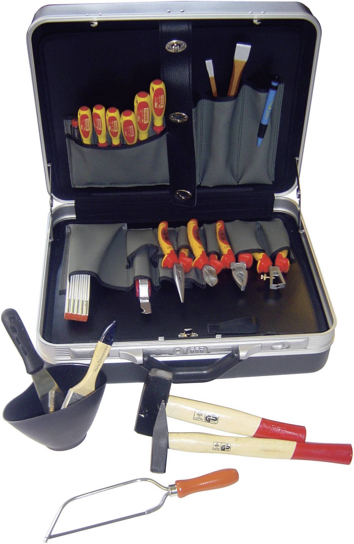 An open toolbox displays various tools such as screwdrivers, pliers and a hammer. Additional hand tools are laid out beside it.