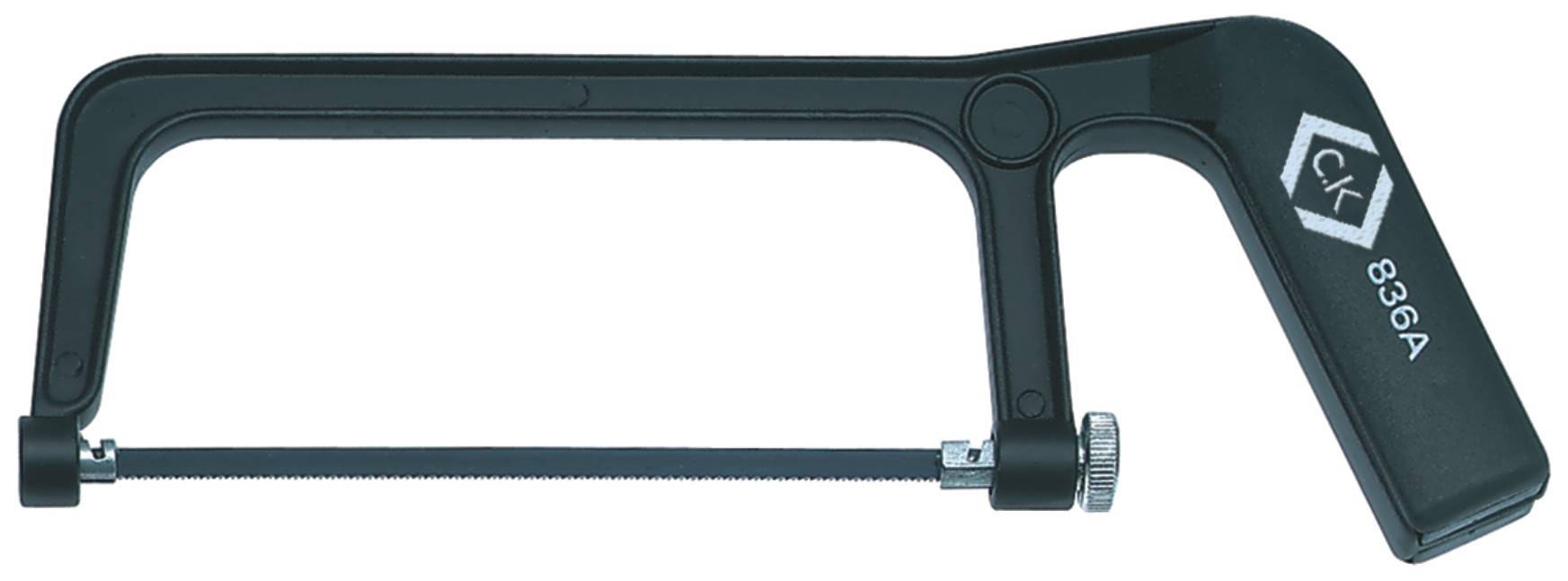 A black metal saw with an ergonomic handle and fine saw blade, suitable for precise cutting work in confined spaces.