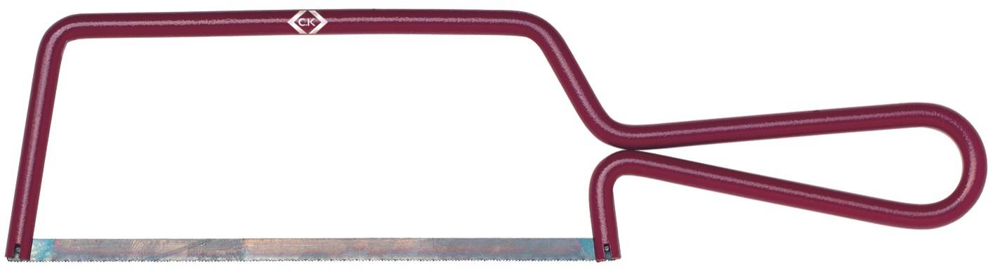 A red hacksaw with a rectangular frame and a straight saw blade, suitable for precise metal cutting.