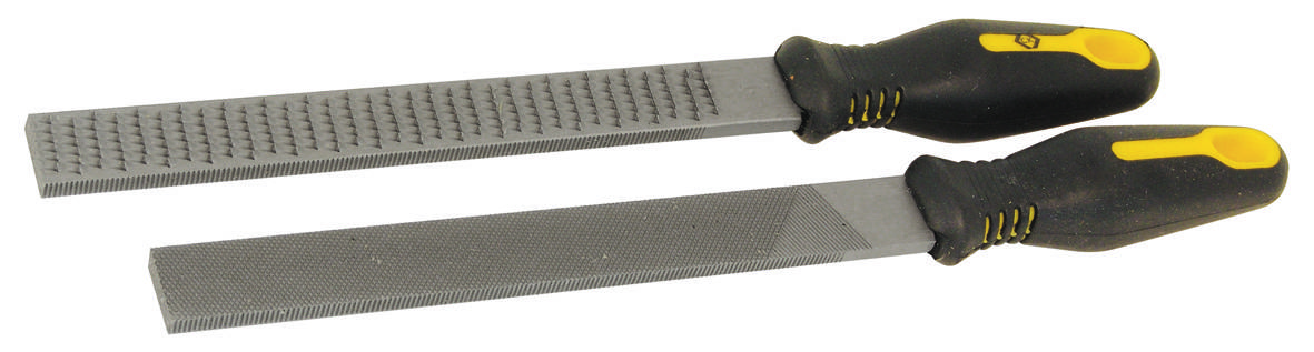 Two files with black handles, one with a rasp at the top, the other smooth at the bottom.