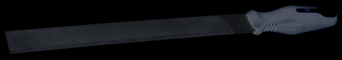 File with a black handle and yellow accents, suitable for woodworking or metalworking.Note: This appears to already be in a standard form of English, so minimal changes were made. In British English, the translation remains essentially the same.