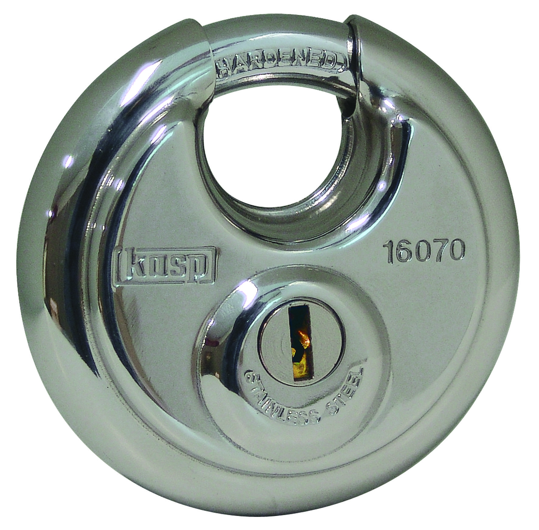 A gleaming, round stainless steel security padlock with an industrial key. Model number 16070 is visible.