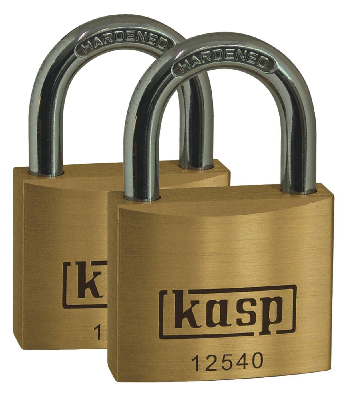 Two brass padlocks with the inscription 'Kasp' and 'Hardened'. Both locks display the same serial code '12540'.
