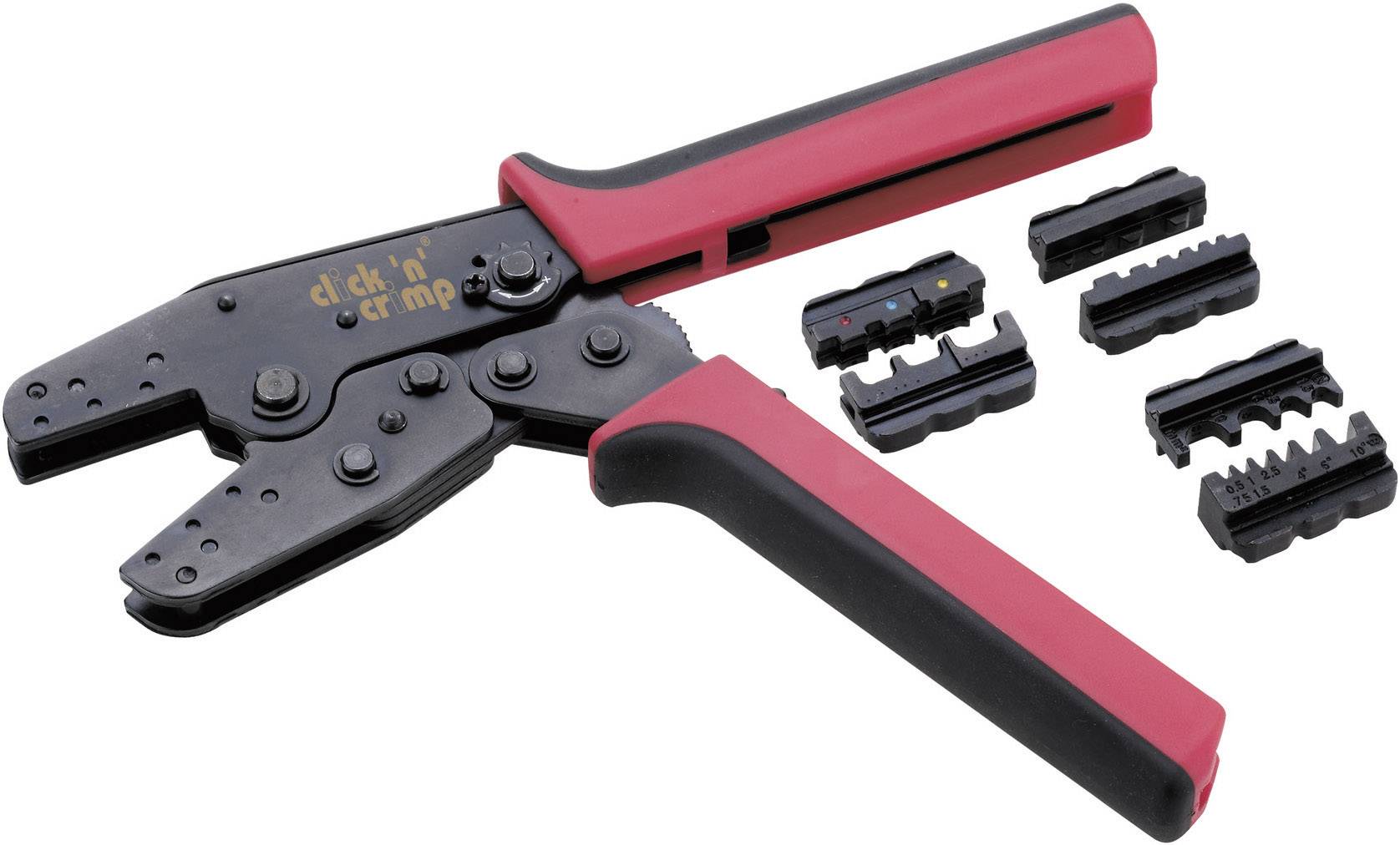 A crimping pliers with red handles and various interchangeable inserts for cable connections.