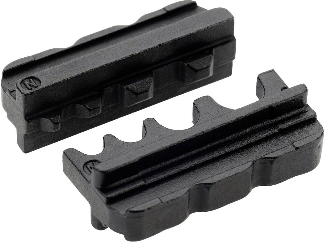 Two black rubber brake blocks with grooved tread, suitable for rim brakes on bicycles.