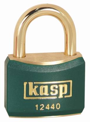 A green padlock with a golden shackle, with 'kasp 12440' engraved on it.
