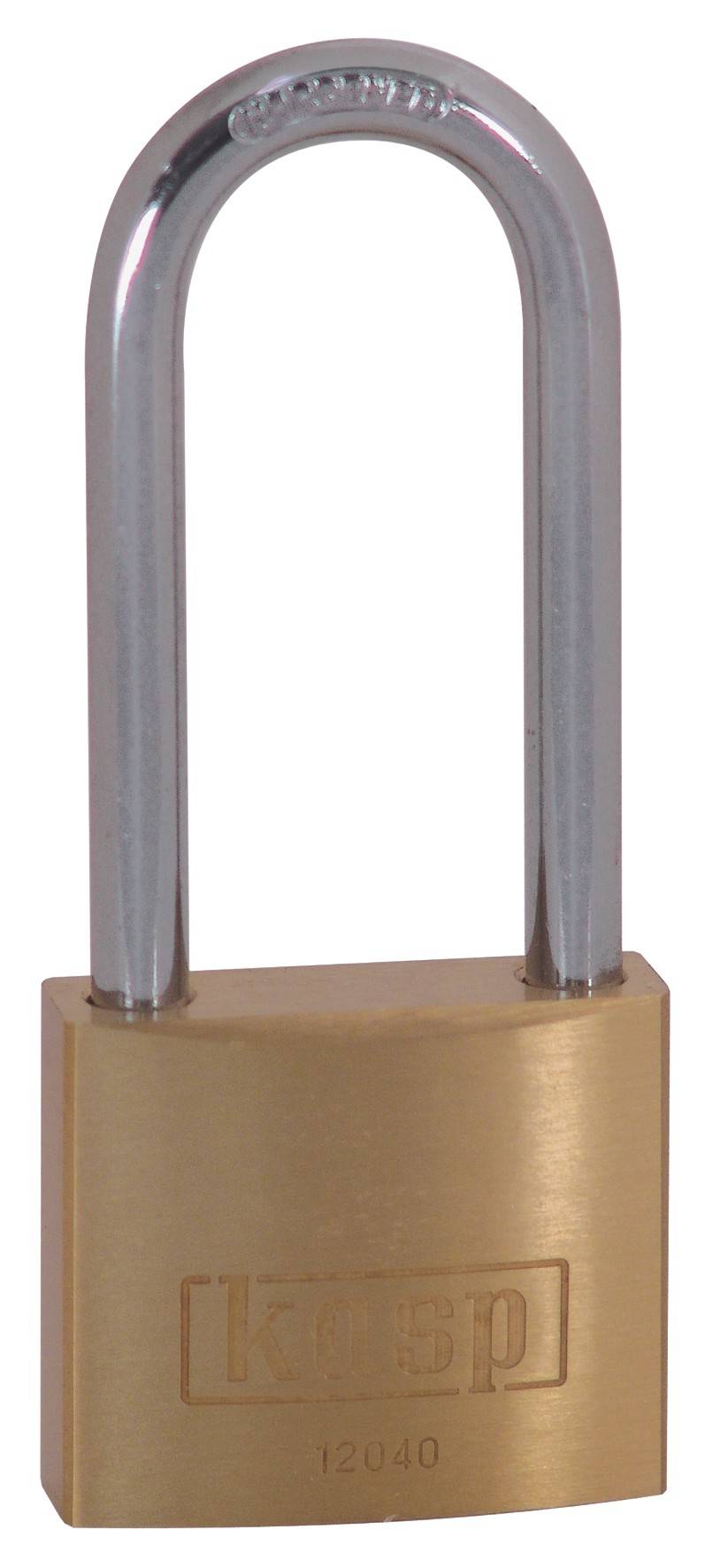 A padlock made of metal with a silver shackle and a gold-coloured body.