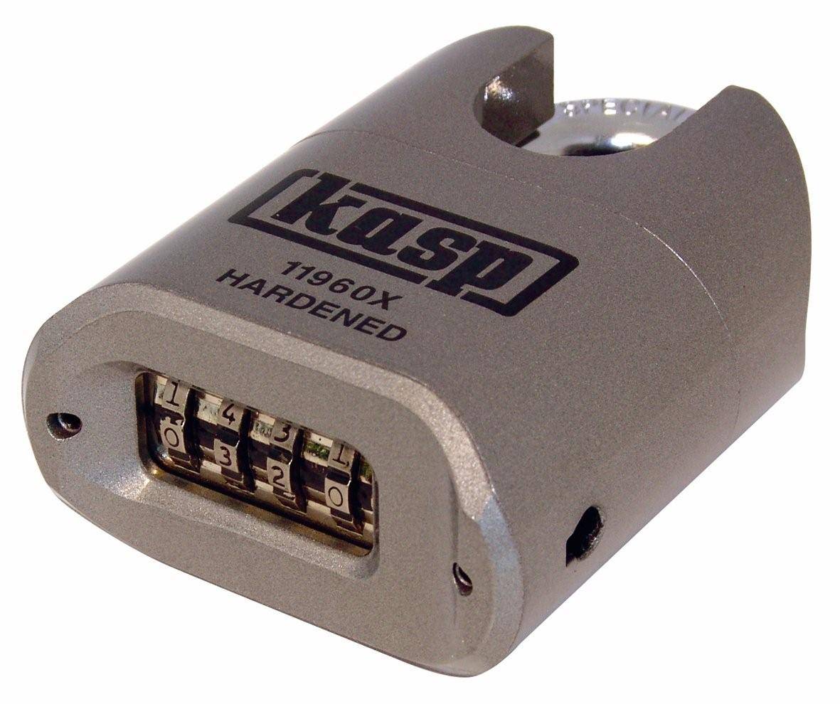 Sturdy, heavy-duty number padlock with four-digit combination, brand Kasp, Model 11960X, designed for enhanced security.