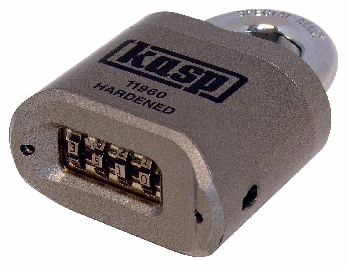 Castle or padlock with numerical code, brand and model number visible. Silver, robust design demonstrates secure storage or protection.
