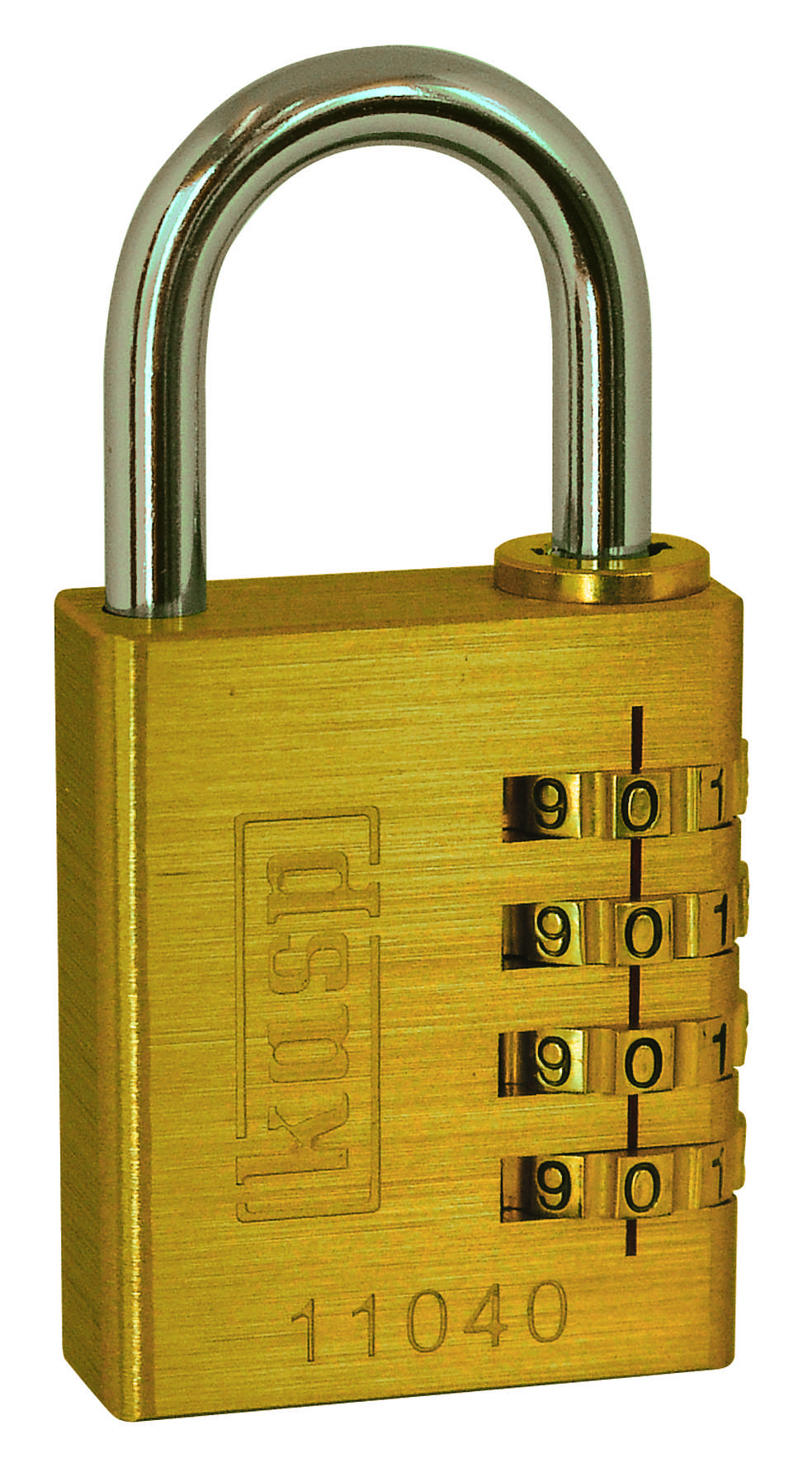 A brass combination lock with four-digit code setting.