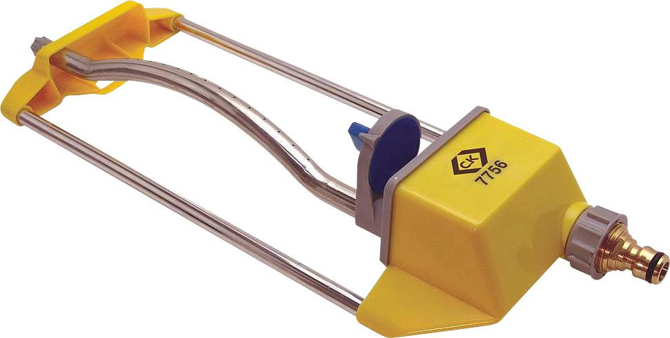 A yellow, rectangular lawn sprinkler with metal pipes and a garden hose connection. Suitable for irrigating large areas.