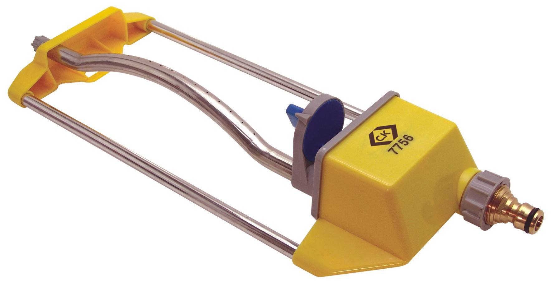 A yellow lawn sprinkler with metal pipes and a water connection, suitable for garden irrigation.