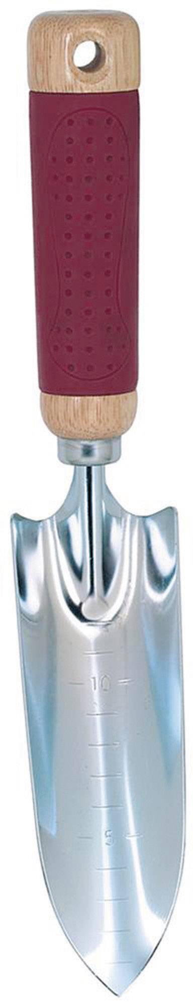Silver garden trowel with a wooden handle and red rubber grip. Suitable for gardening tasks such as planting or soil cultivation.