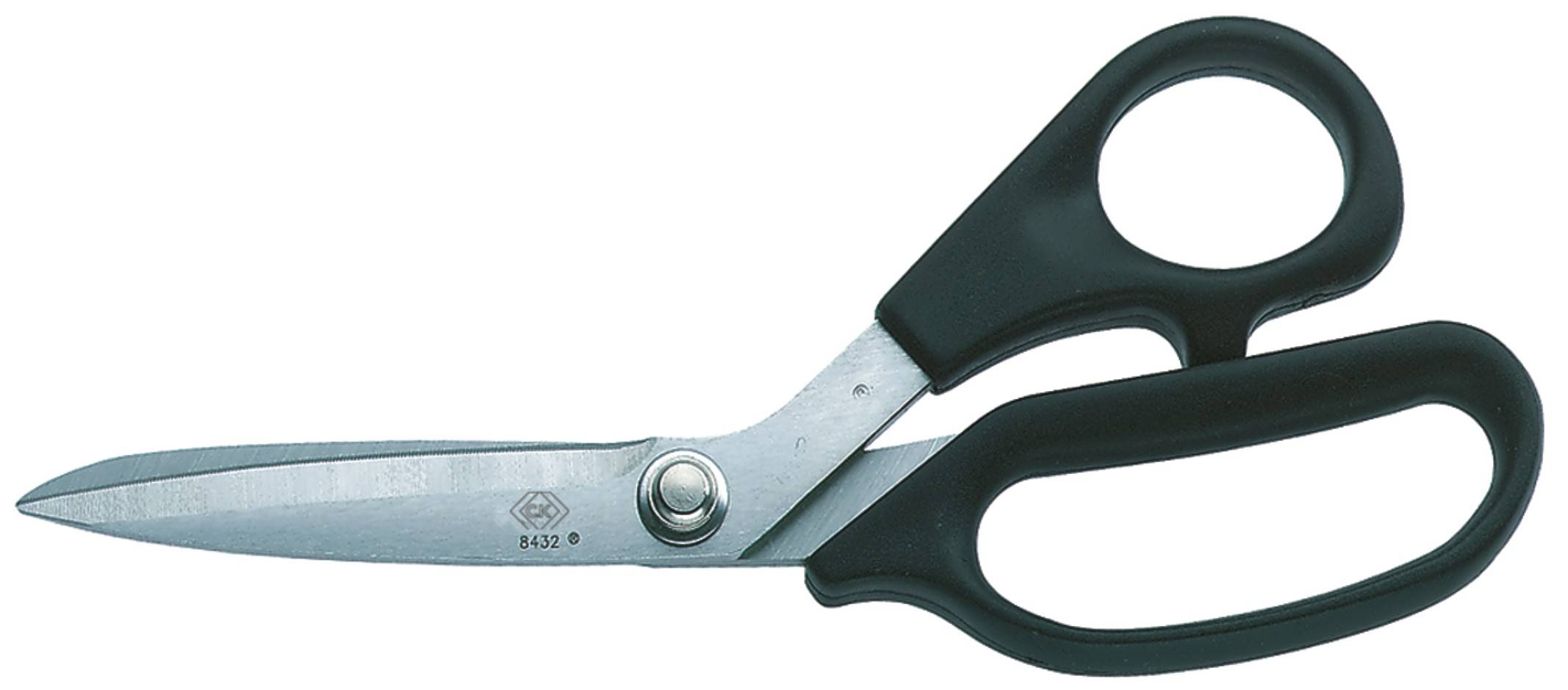 Scissors with a black plastic handle on a white background.