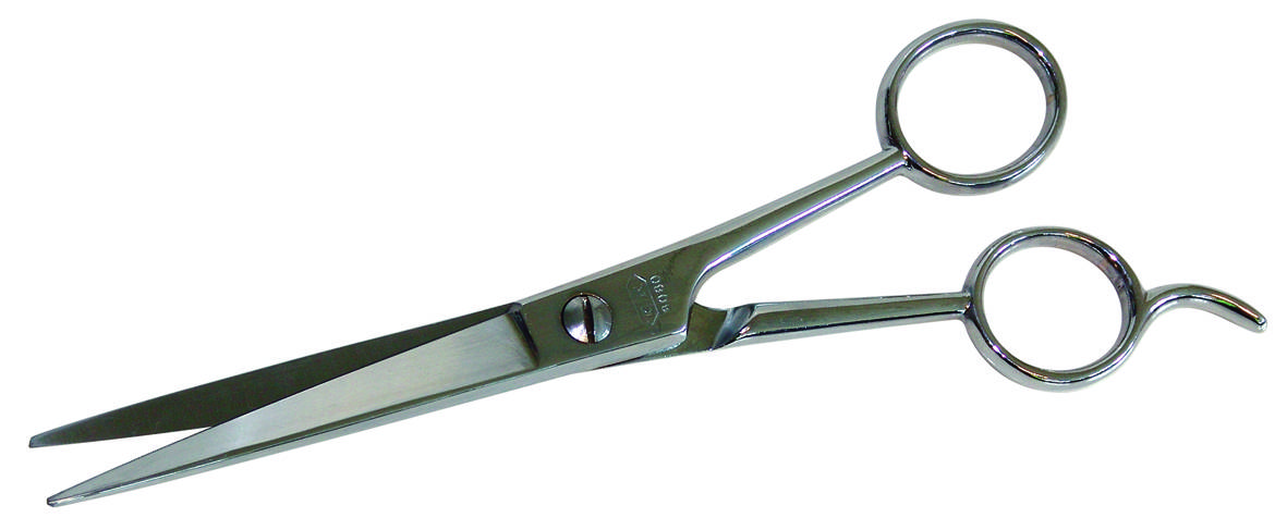 A silver hairdressing scissors with two finger grips and a hook support lies open.