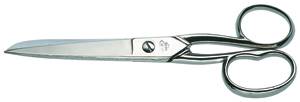 Silver scissors with two handles and a sharp blade, lying horizontally on a white background.