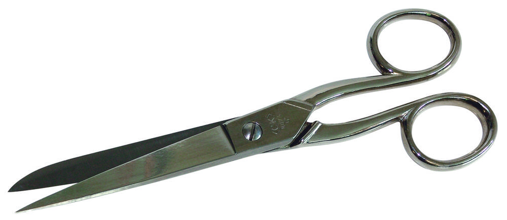 A silver pair of scissors with two rings and a sharp blade.