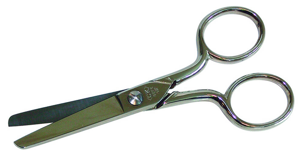 Silver scissors with rounded handles, lying flat on a white surface.