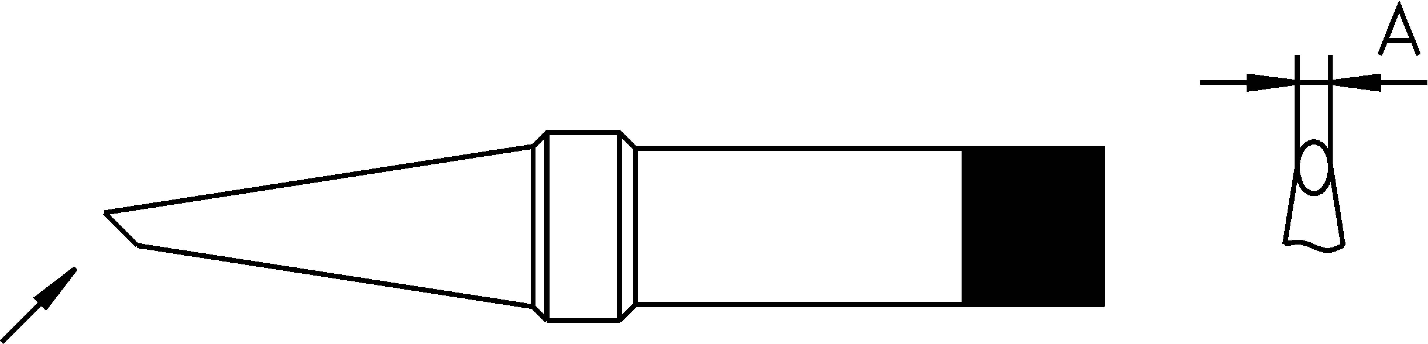 Soldering iron tip shown. Arrow indicates the tip, detail drawing shows cross-section view with dimension 'A'.