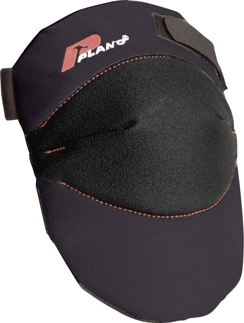 A black knee pad with a red logo and red stitching on the top surface. Designed for protection during work or sports activities.