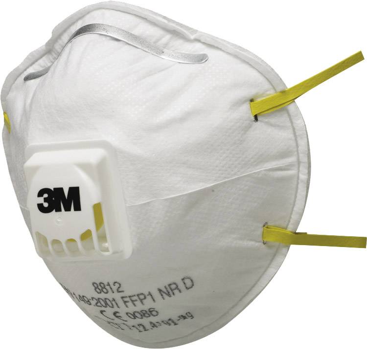 White respiratory protective mask with valve and yellow straps, marked with '3M', protects against fine dust and liquid splashes.
