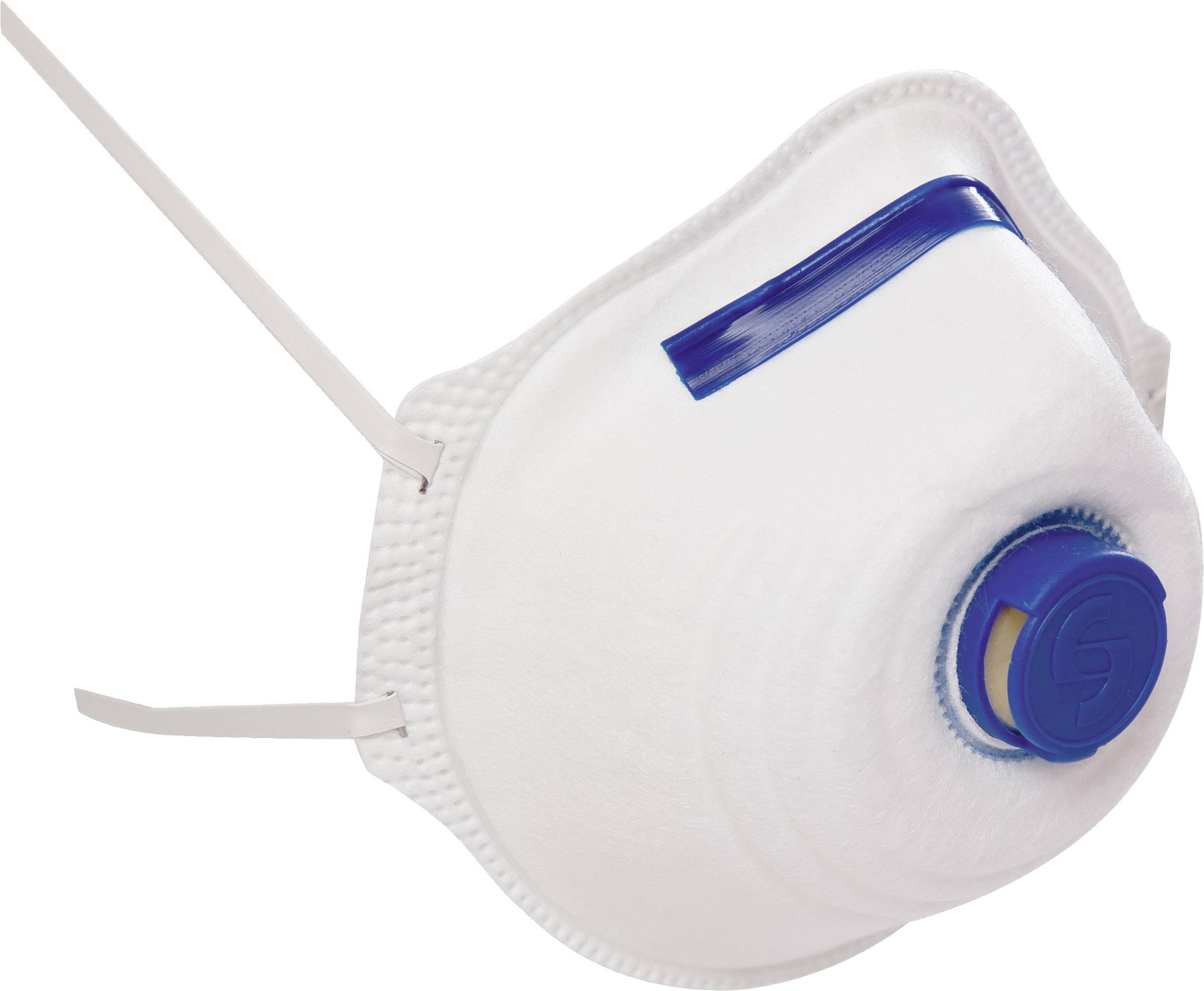 White respiratory protection mask with blue plastic components and adjustable straps, designed to protect against airborne particles.