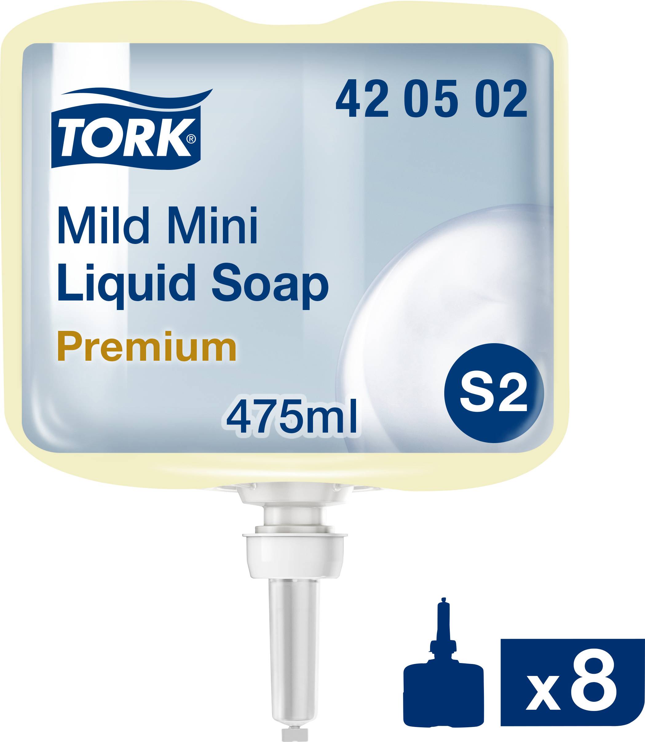 Tork Mild Mini Liquid Soap, Premium, 475ml, S2 Dispenser Cartridge, 8 Pieces per Pack.