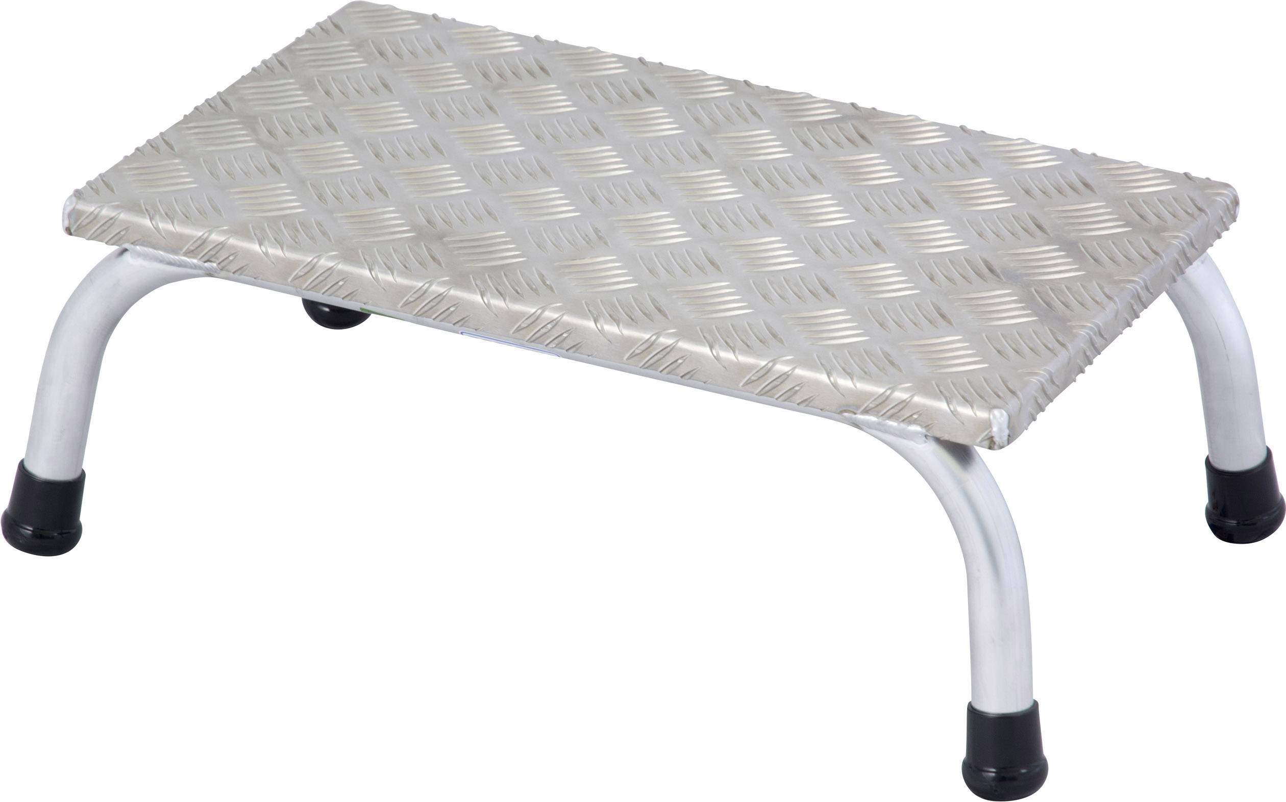 A rectangular, silver step stool with a non-slip surface and four black rubber feet.