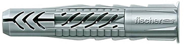 A grey, conical Fischer plastic wall plug with structured outer grooves for anchoring in walls.