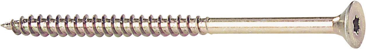 A single gold-coloured countersunk screw, aligned horizontally, against a white background.