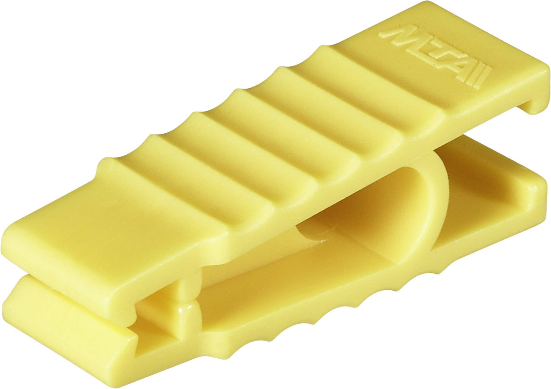 Yellow plastic clip with serrated edges and a round handle. Used for securing objects.