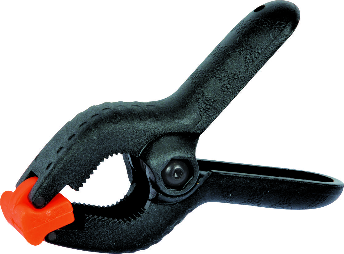 A black plastic clip with a red rubber grip on the gripping surfaces, used for securing objects.