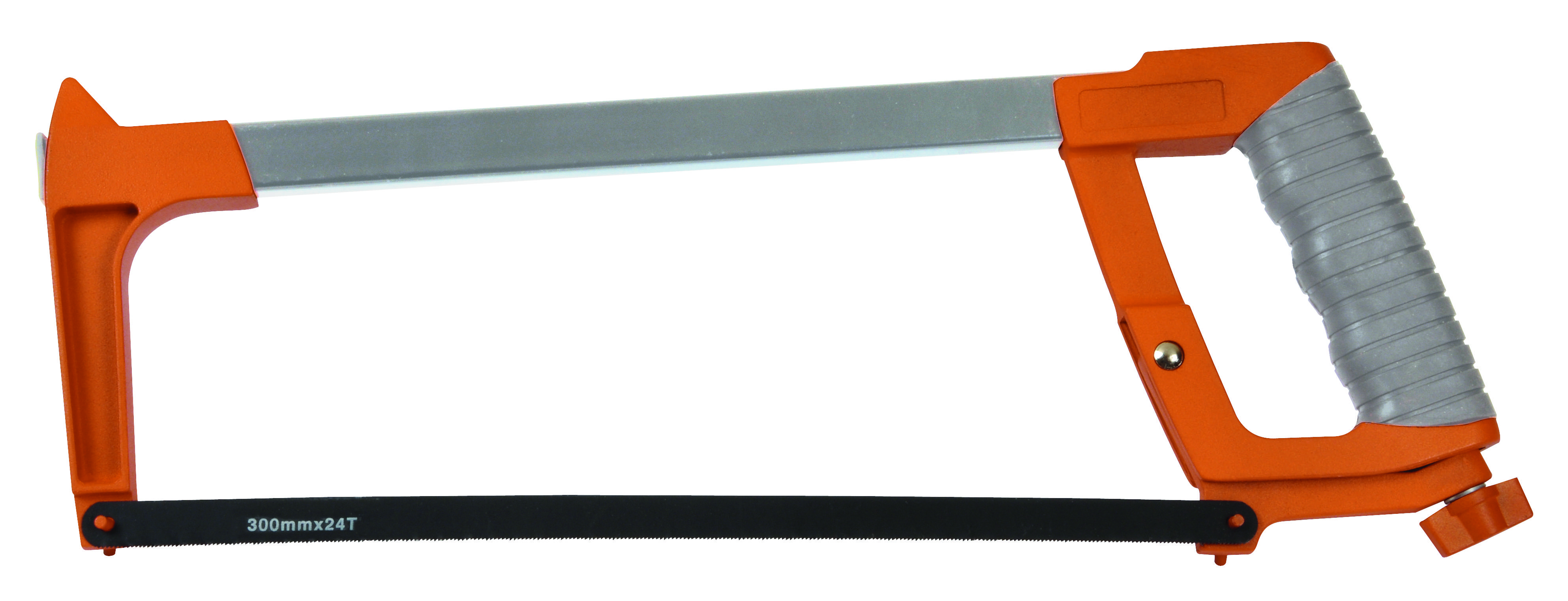 Metal saw with an orange handle and grey grip section, saw blade mounted underneath.