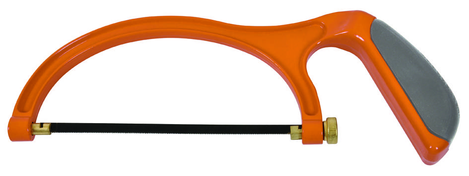 A small bow saw with an orange frame and grey handle, suitable for fine cutting work.