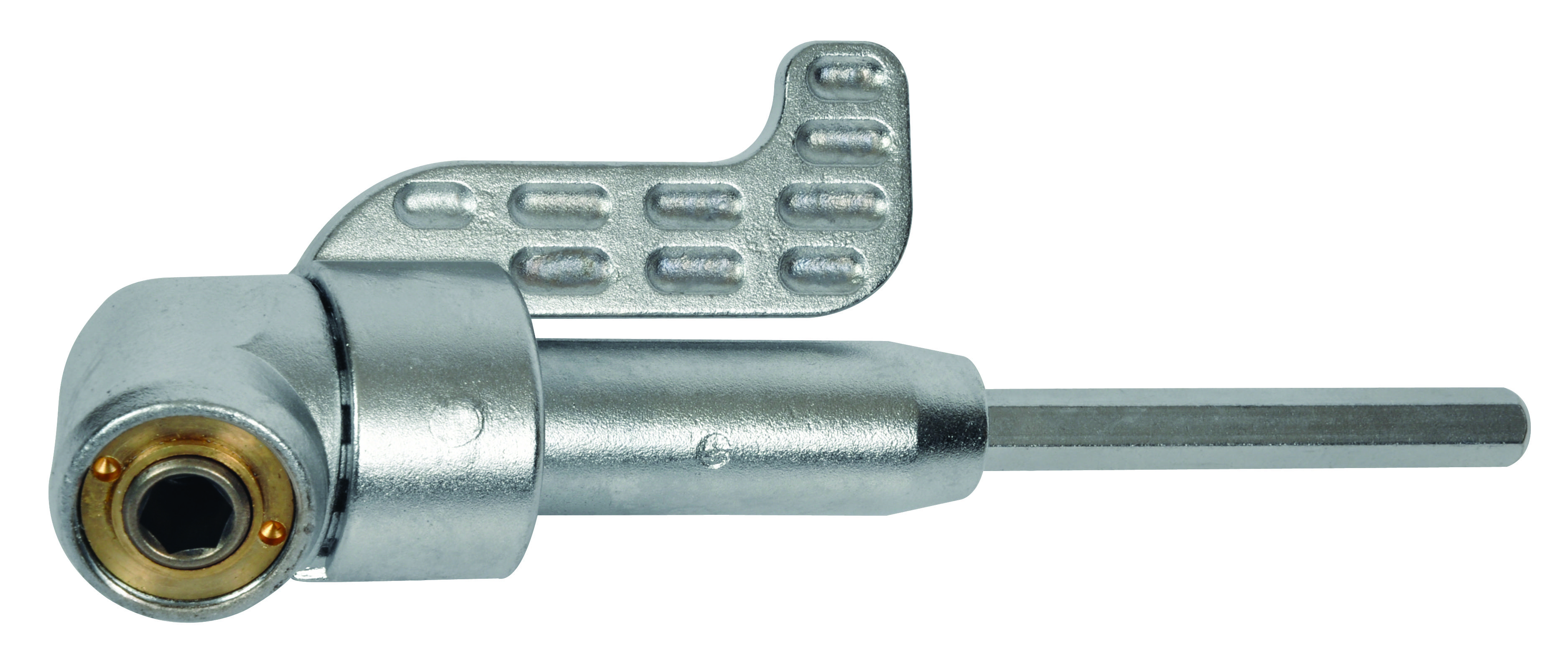 Metal adapter with a handle and protruding rod, likely part of a lever or locking mechanism.