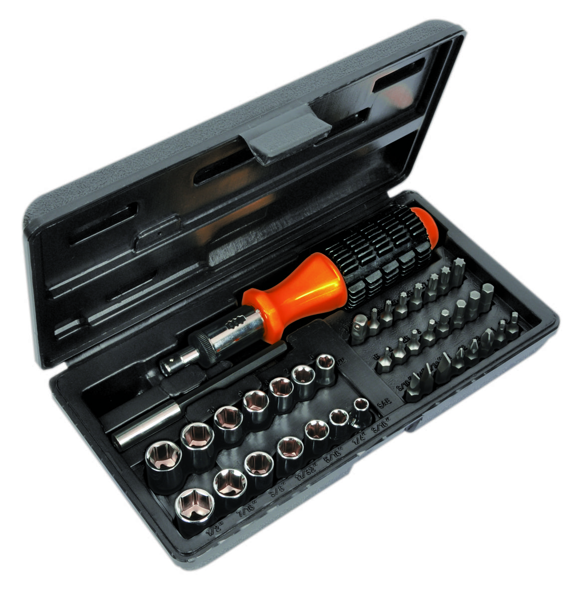 Set of screwdriver kit with various bits and socket wrenches in a black plastic case.