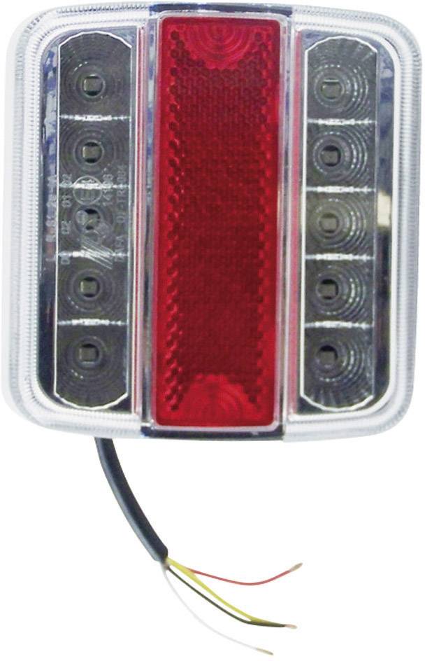 Rear light for a vehicle with eight round lights and a central red reflector. Cables hanging underneath.