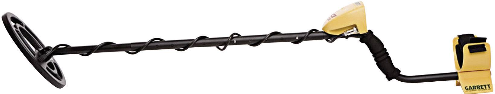 A metal detector with a black shaft and yellow control unit.