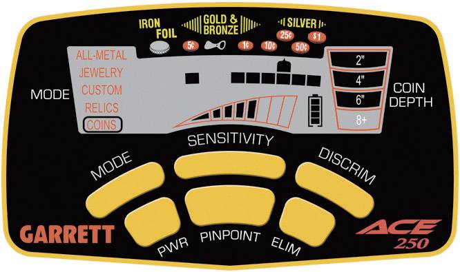 The image shows the user interface of a metal detector with various settings for metal type and depth.