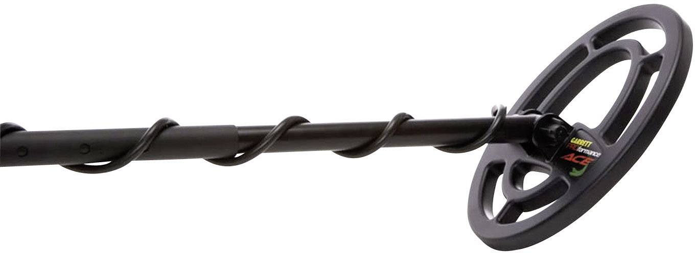 A metal detector with a spiral cable in a side profile. The detector is black and has an oval search coil.