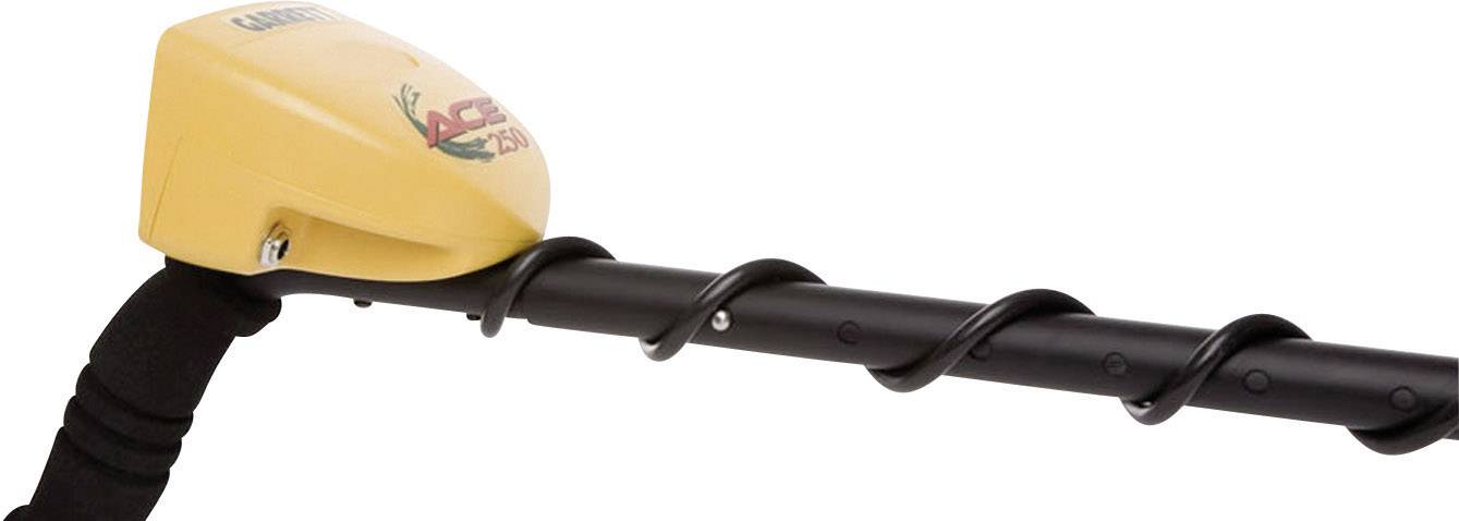 Metal detector with yellow casing and spiral cable.