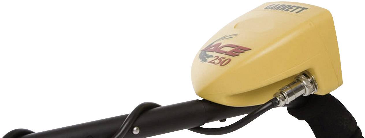A yellow metal detector with the inscription 'ACE 250' and 'Garrett', mounted on a black handle.