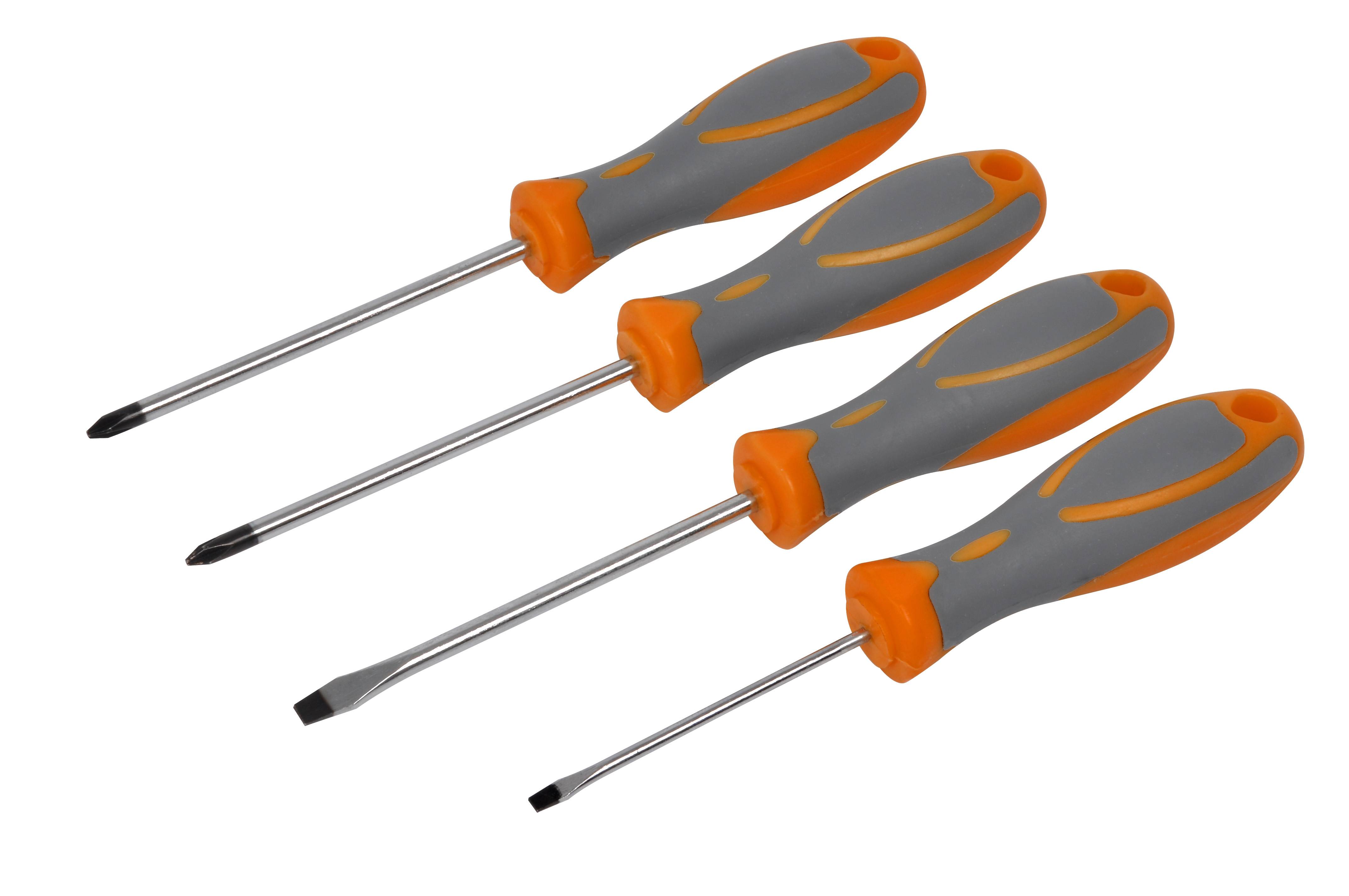 Four screwdrivers with orange-grey handles are laid side by side. They have different tips: Phillips and flathead.