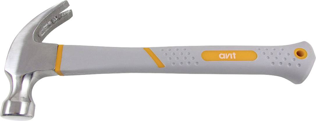 A grey hammer with an orange stripe on the handle. The head has a claw for pulling out nails.