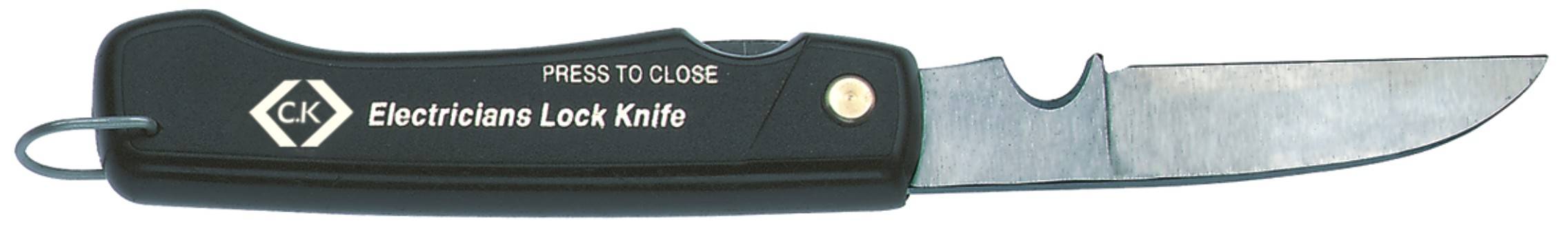 Black pocket knife with the inscription 'Electricians Lock Knife'. Open metal blade, black handle with logo and text.