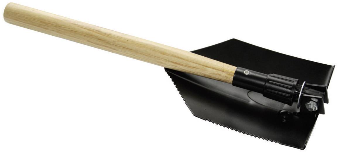 A black shovel with a serrated blade and a wooden handle lies on a white surface.