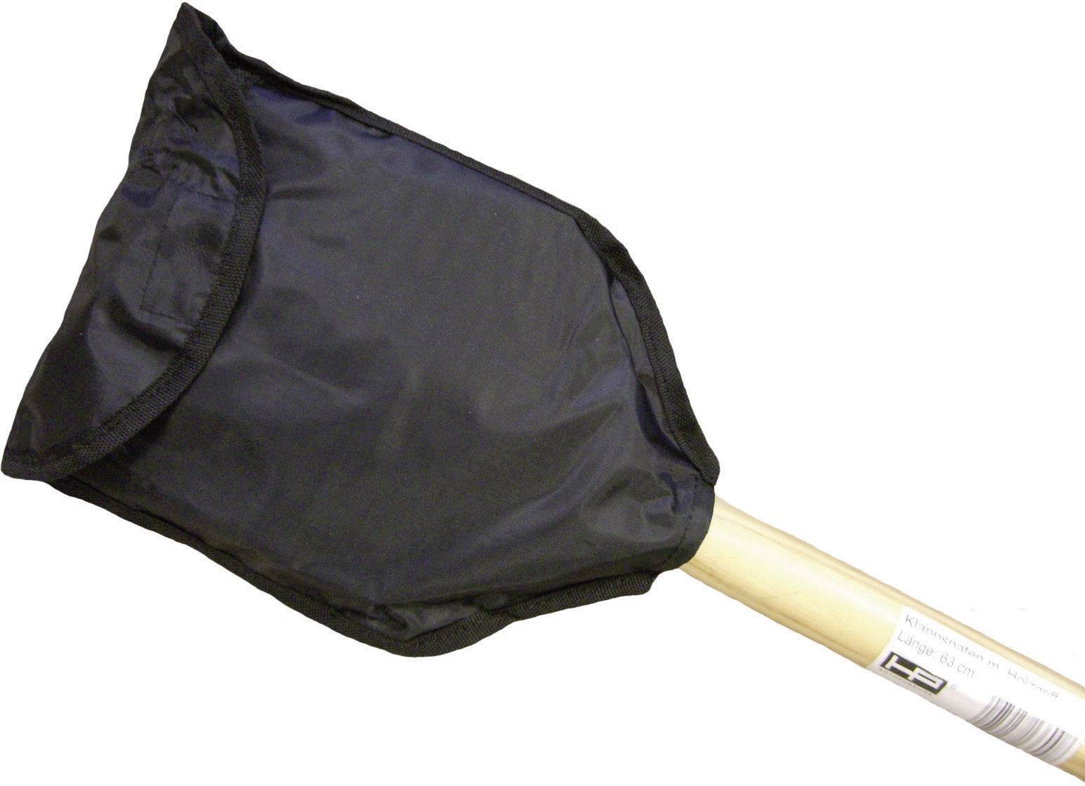 A black net scoop with a wooden handle, suitable for catching small fish.