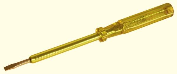 A phase tester with a transparent yellow handle and metallic tip, used for checking electrical voltages in power sockets.