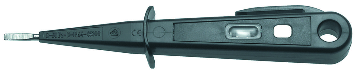 A black voltage tester lies horizontally. On the left is the test probe, on the right a transparent area for displaying the voltage.
